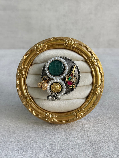 Ayura Designs Mihika Adjustable Ring – Oxidised Statement Ring with Green Stone, Pearl Detailing & Parrot Motif