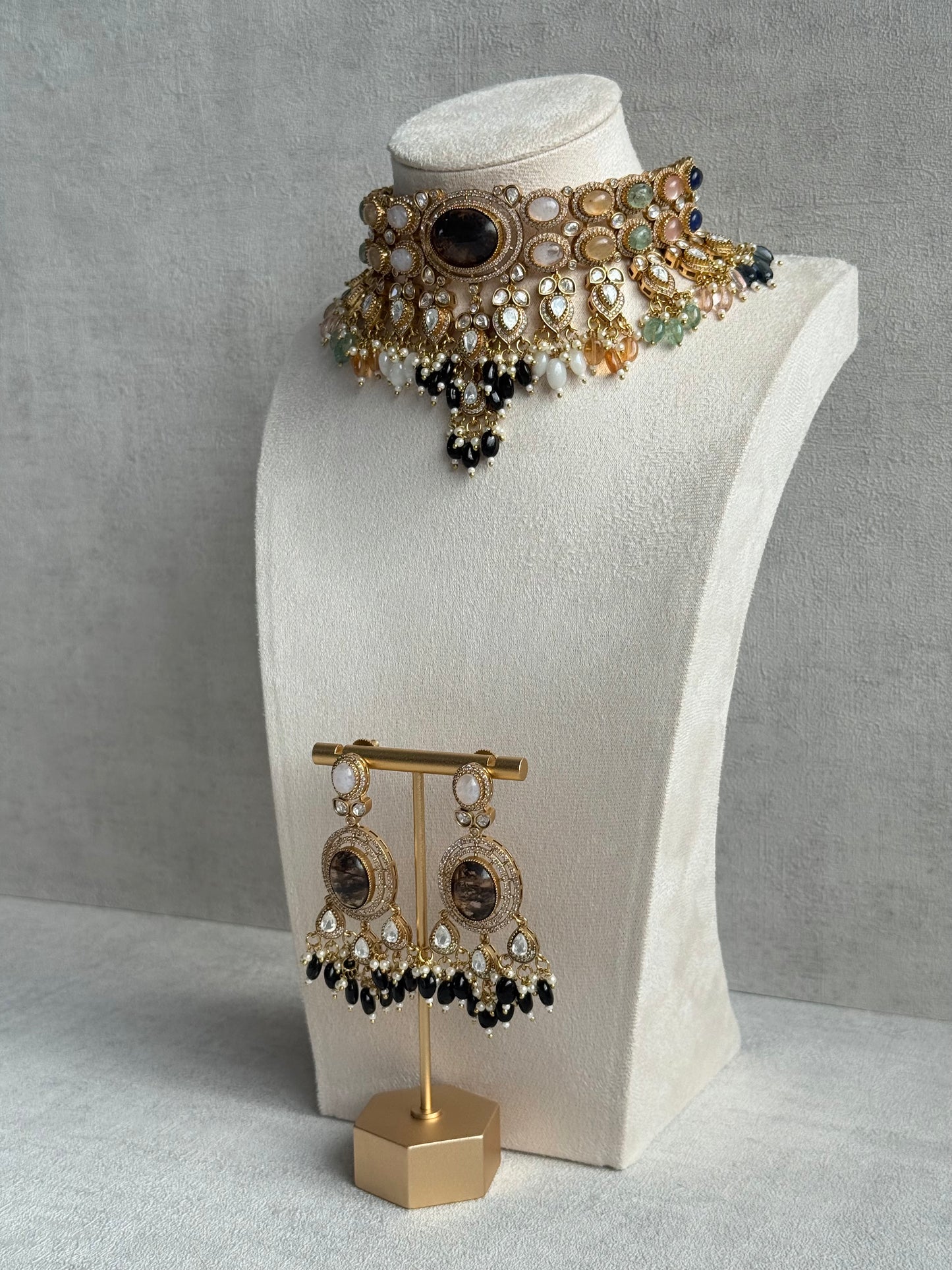 Ayura Designs Poppy Choker Set with Statement Earrings – Smoky Stone Centre with Pastel Beads, Pearls and Black Drops