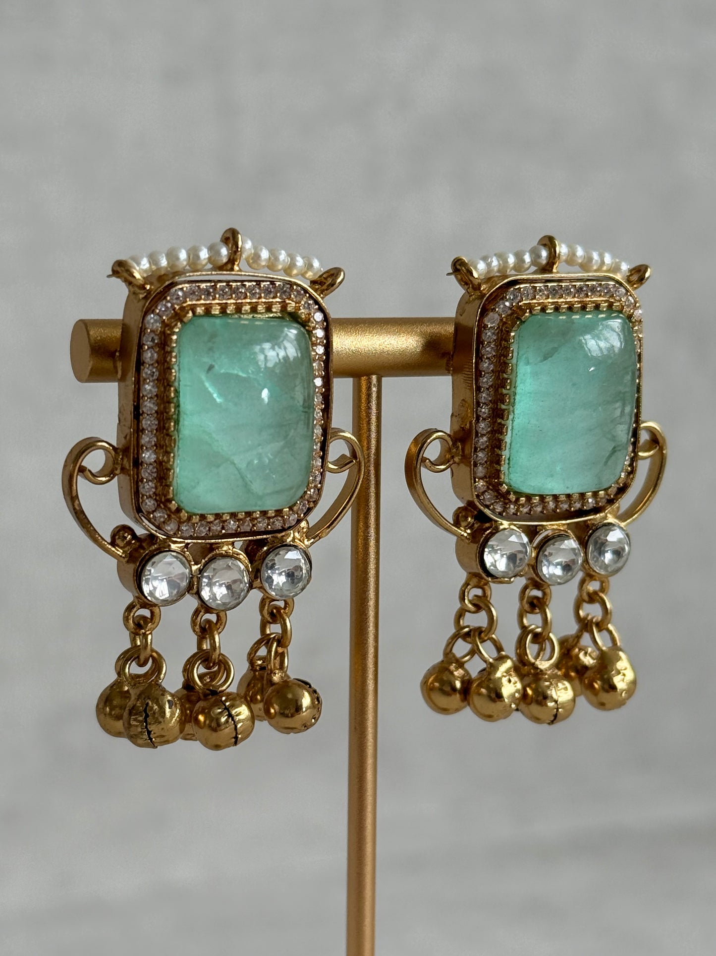 Ayura Designs Aleena Earrings – Aqua Jade Stone Stud Earrings with Pearls & Ghungroo Detailing