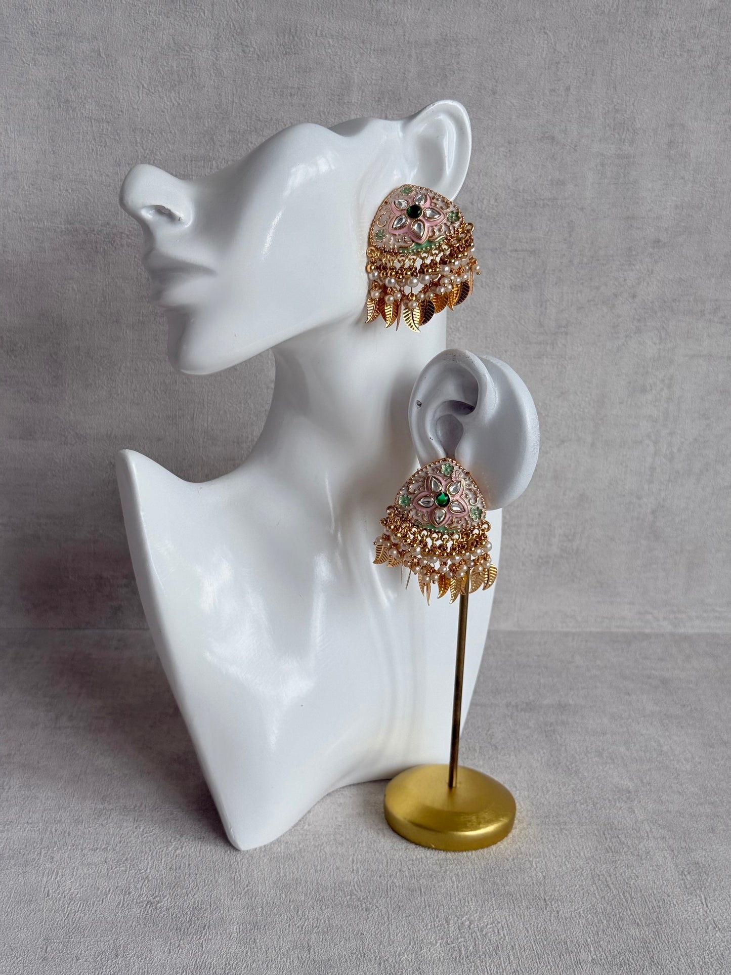 Ayura Designs Rozina Earrings – Floral Meenakari Earrings with Emerald Green Centre Stone, Pearl Clusters & Gold Leaf Charms