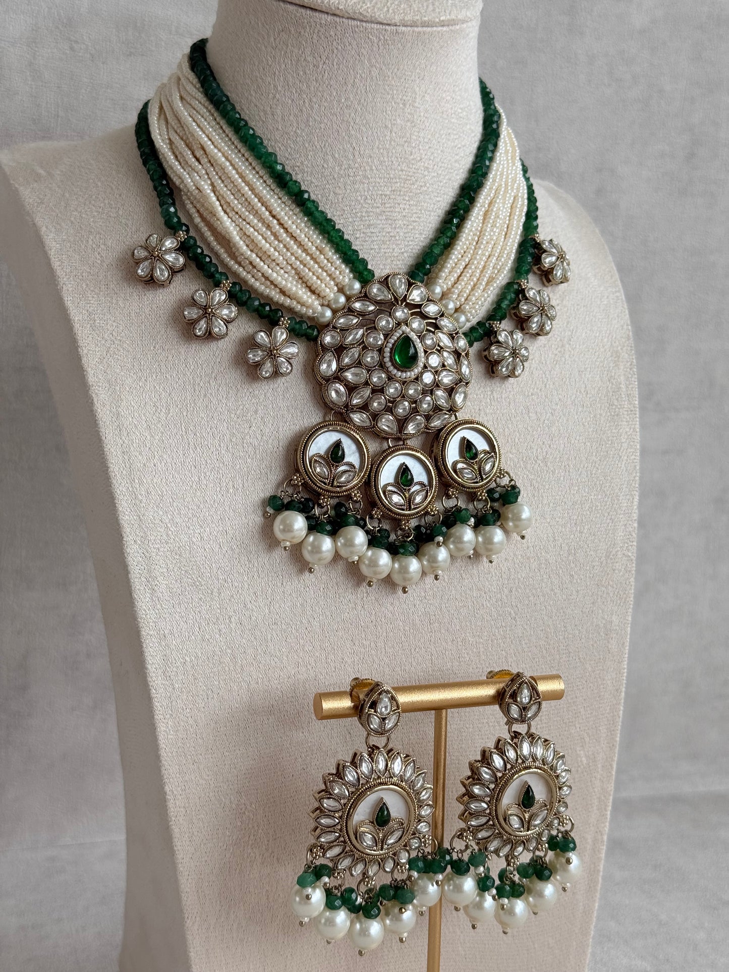 Ayura Designs Callie Set with Earrings – Emerald Green, Ivory Pearl & Jadau Detailing