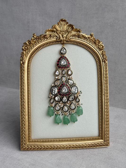 Ayura Designs Salma Jhoomar Passa – Jade Green Drops with Kundan Stones & Antique Gold Finish