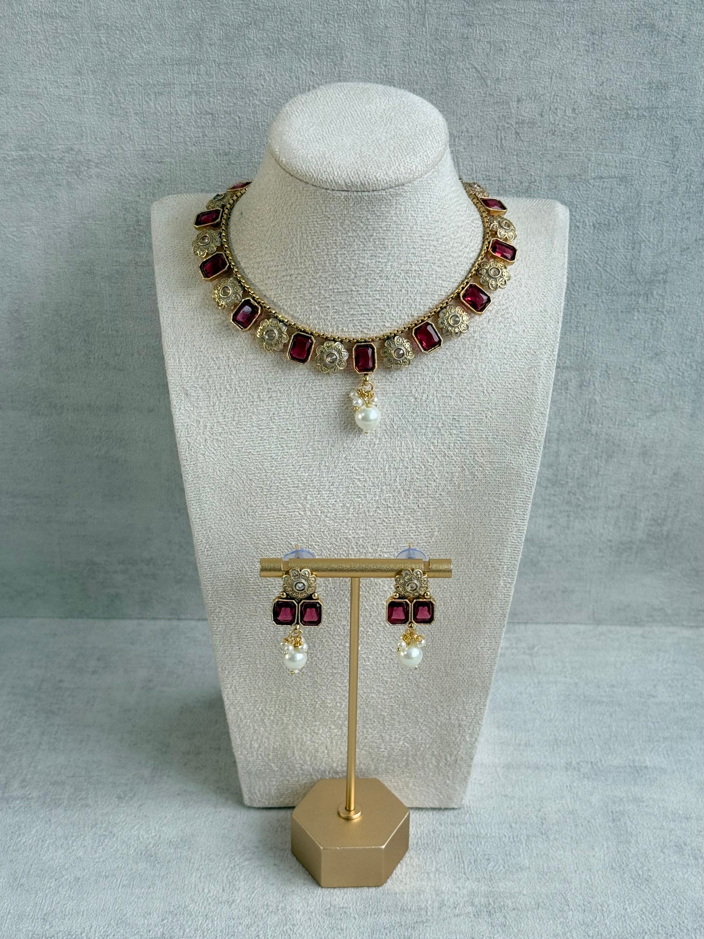 Ayura Designs Padma Necklace Set with Earrings – Rani Pink Stones with Pearl Drop Detailing