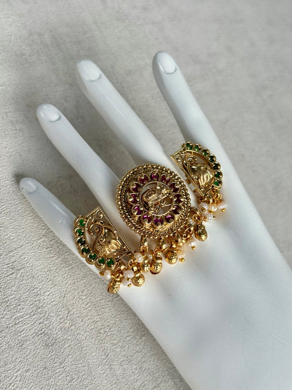 Ayura Designs Nira Adjustable Ring – Jadau-Inspired Gold Elephant Motifs with Rani Pink & Emerald Green Stones, Pearl Drops & Ghungroos