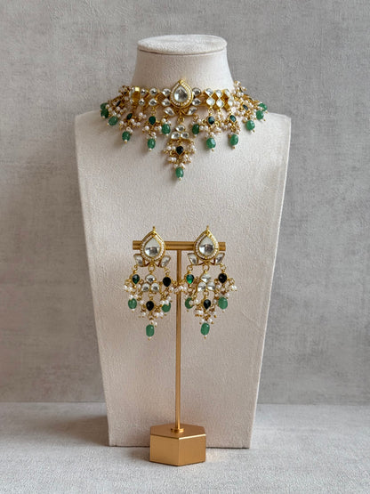 Ayura Designs Naksh Kundan Choker Set with Earrings & Emerald Green Bead Detailing