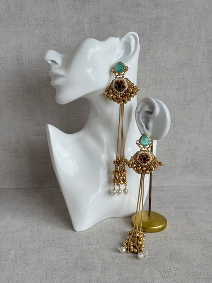 Ayura Designs Nishat Earrings – Kashmiri Duster Earrings with Mint Green Stones, Pearl Drops & Ghungroo Detailing