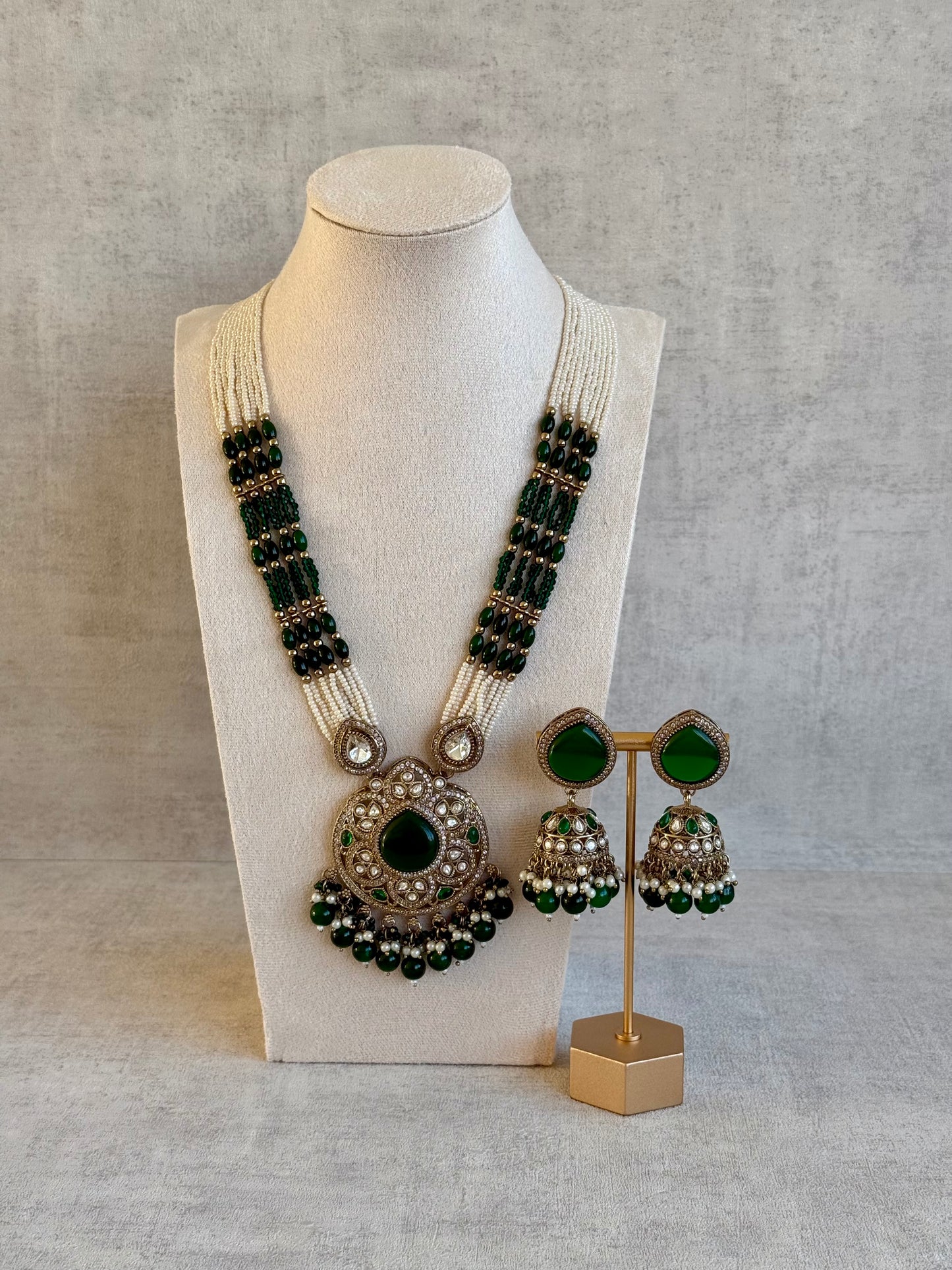 Ayura Designs Brielle Set – Necklace & Jhumkis with Mirror-Cut Stones, Emerald Green & Ivory Beads