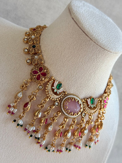 Ayura Designs Aavya Necklace Set – Blush Pink & Emerald Green Kundan Meenakari Design