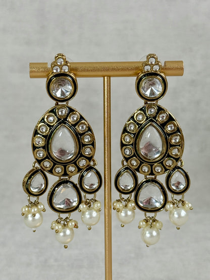 Ayura Designs Kalika Set with Necklace, Earrings, Tikka & Ring – Polki-Style Stones with Antique Green Enamel Detailing & Pearl Drops