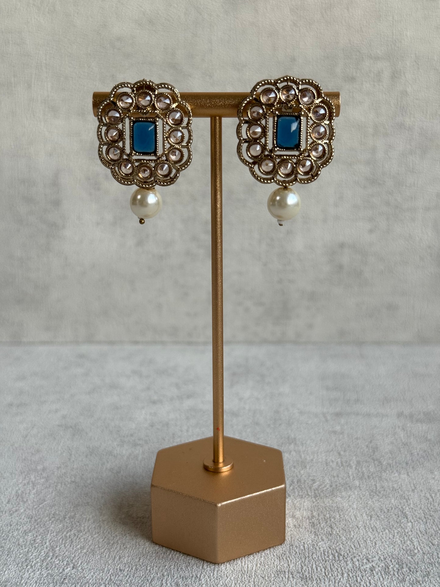 Ayura Designs Dania Set with Necklace, Stud Earrings & Tikka – Midnight Blue Stones, Pearl Drops & Antique Gold Finish