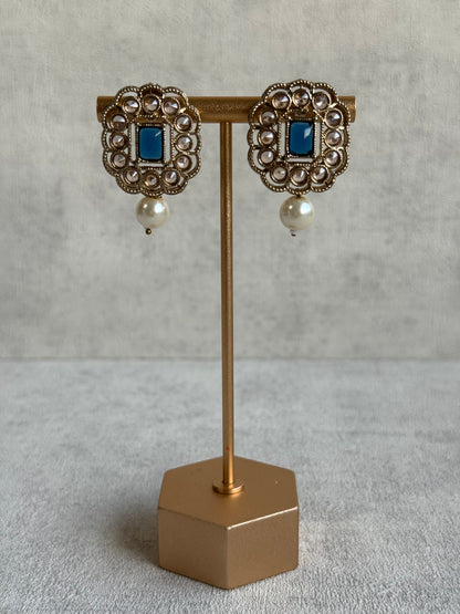 Ayura Designs Dania Set with Necklace, Stud Earrings & Tikka – Midnight Blue Stones, Pearl Drops & Antique Gold Finish