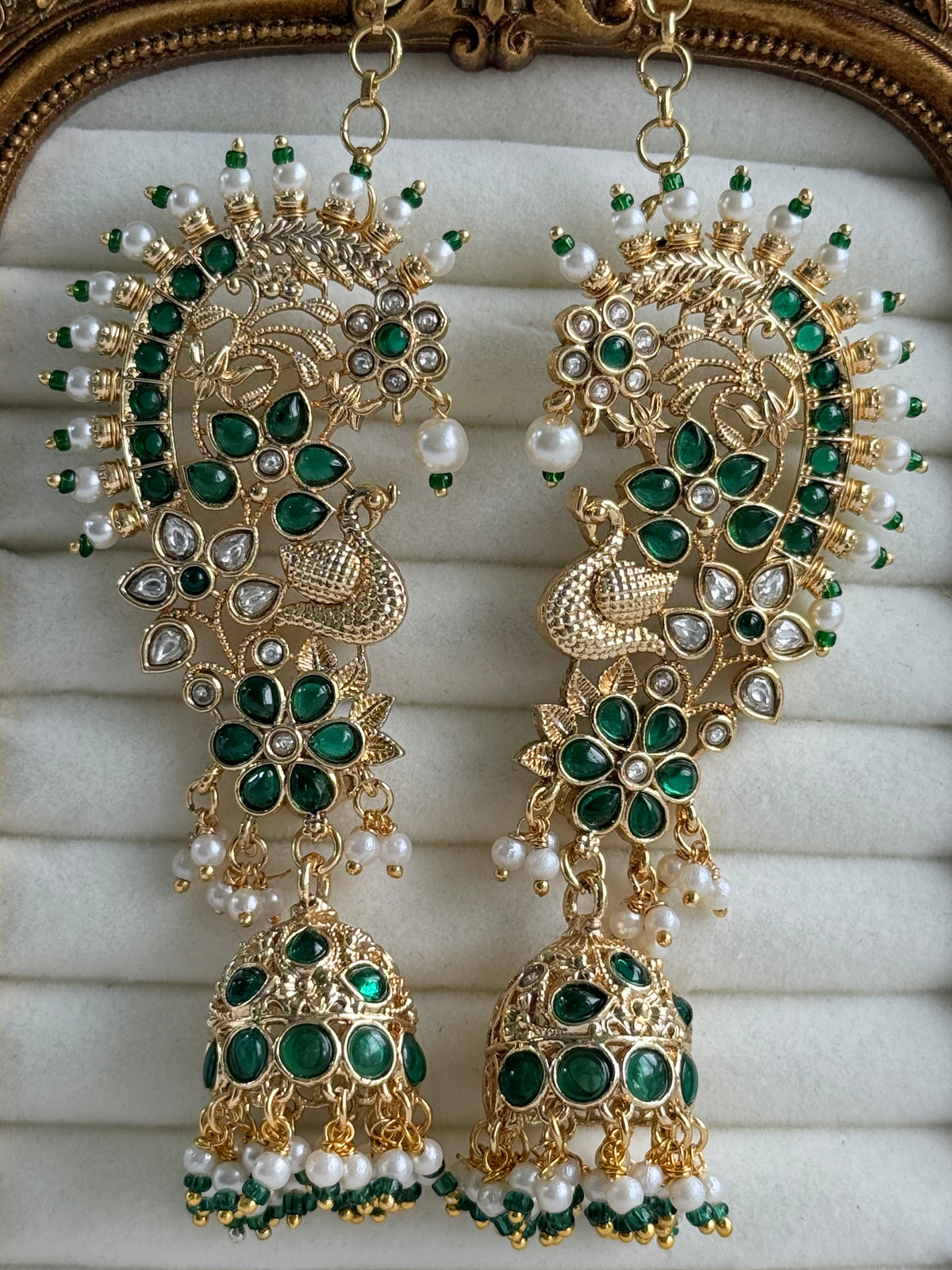 Ayura Designs Nitya Kaanphool Jhumkis – Gold Peacock Motifs, Emerald Green Kundan & Pearl Drops with Attached Sahare