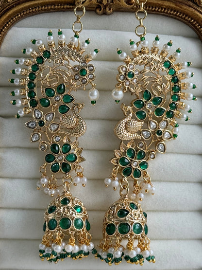 Ayura Designs Nitya Kaanphool Jhumkis – Gold Peacock Motifs, Emerald Green Kundan & Pearl Drops with Attached Sahare