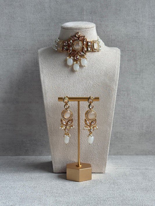 Ayura Designs Raaz Set – Choker & Earrings with Kundan Stones, Green Enamel Detailing & White Beads