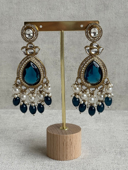 Ayura Designs Nageen Earrings – Antique Gold Jhumkis with Ink Blue Stones, Mirror-Cut Detailing & Pearl Drops