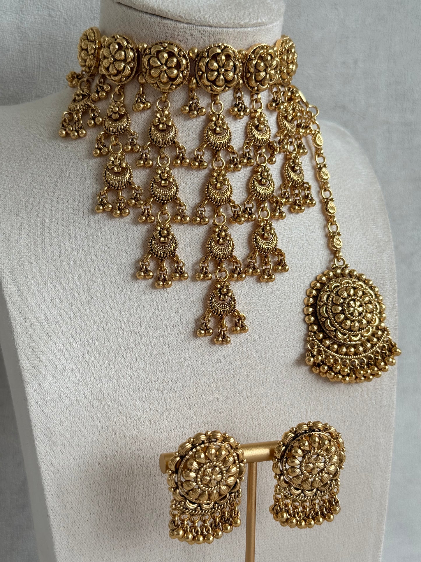 Ayura Designs Kimaya Choker Set with Earrings & Tikka – Gold Floral Waterfall Choker with Ghungroo Drops