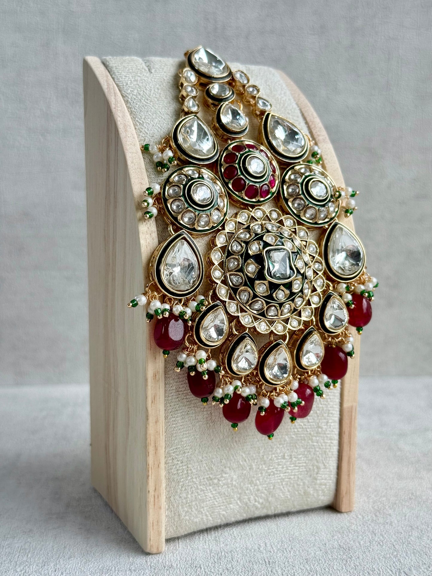 Ayura Designs Suhana Jhoomar Passa – Kundan Jhoomar with Ruby Red Drops, Pearl Detailing & Green Bead Accents