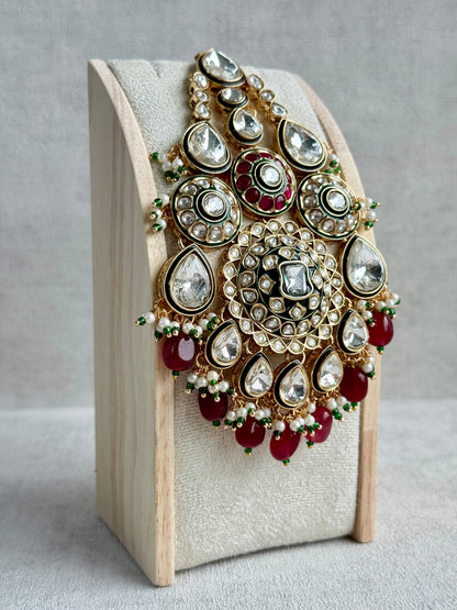 Ayura Designs Suhana Jhoomar Passa – Kundan Jhoomar with Ruby Red Drops, Pearl Detailing & Green Bead Accents