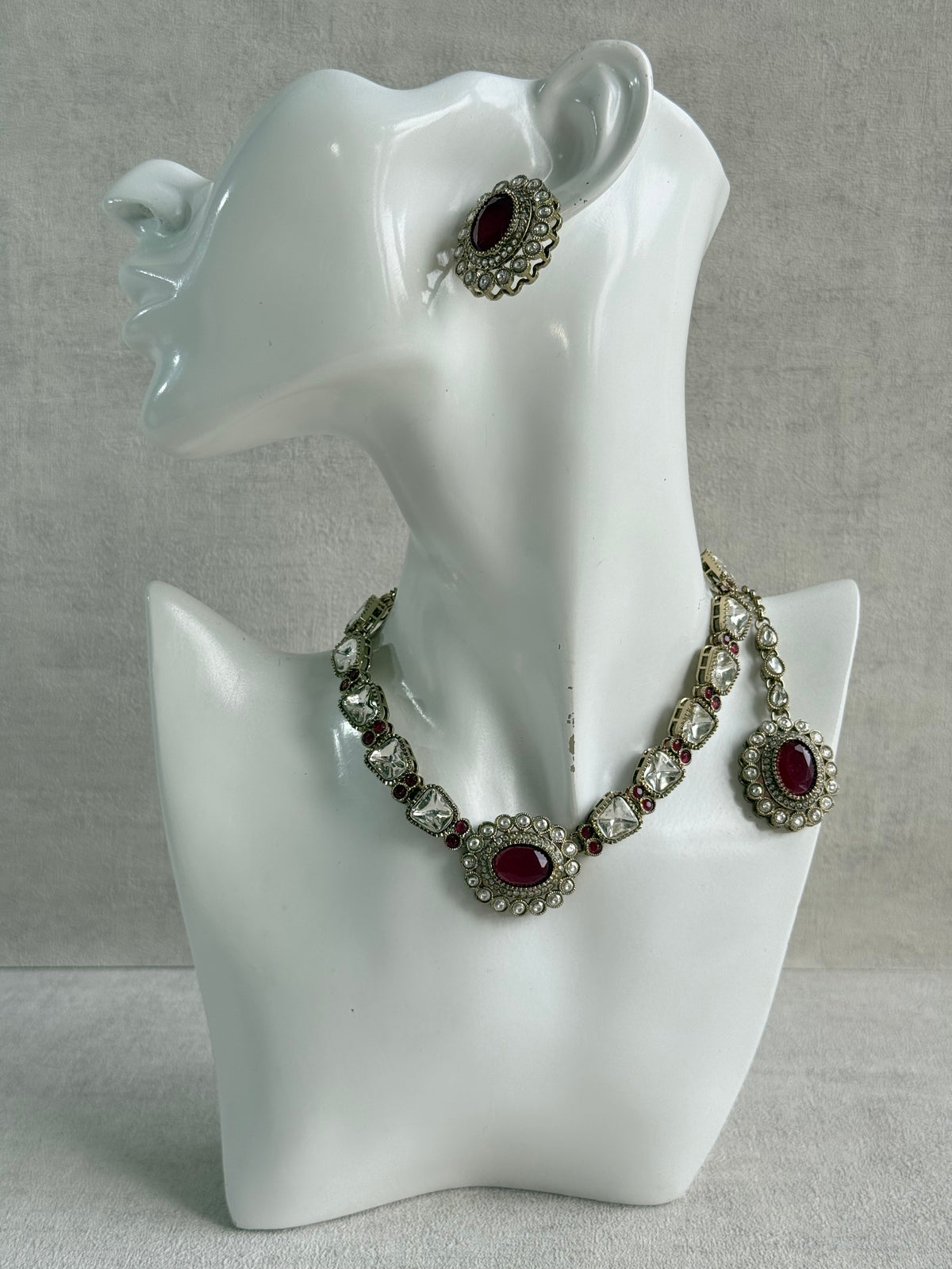 Ayura Designs Inza Necklace Set – Rani Pink Stones, Kundan & Crystals with Antique Gold Finish