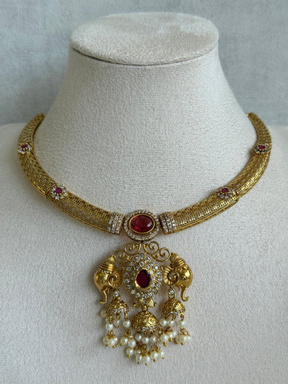 Ayura Designs Wadha Collar Necklace Set with Earrings – Gold Elephant Pendant & Ruby Red Stone Detailing