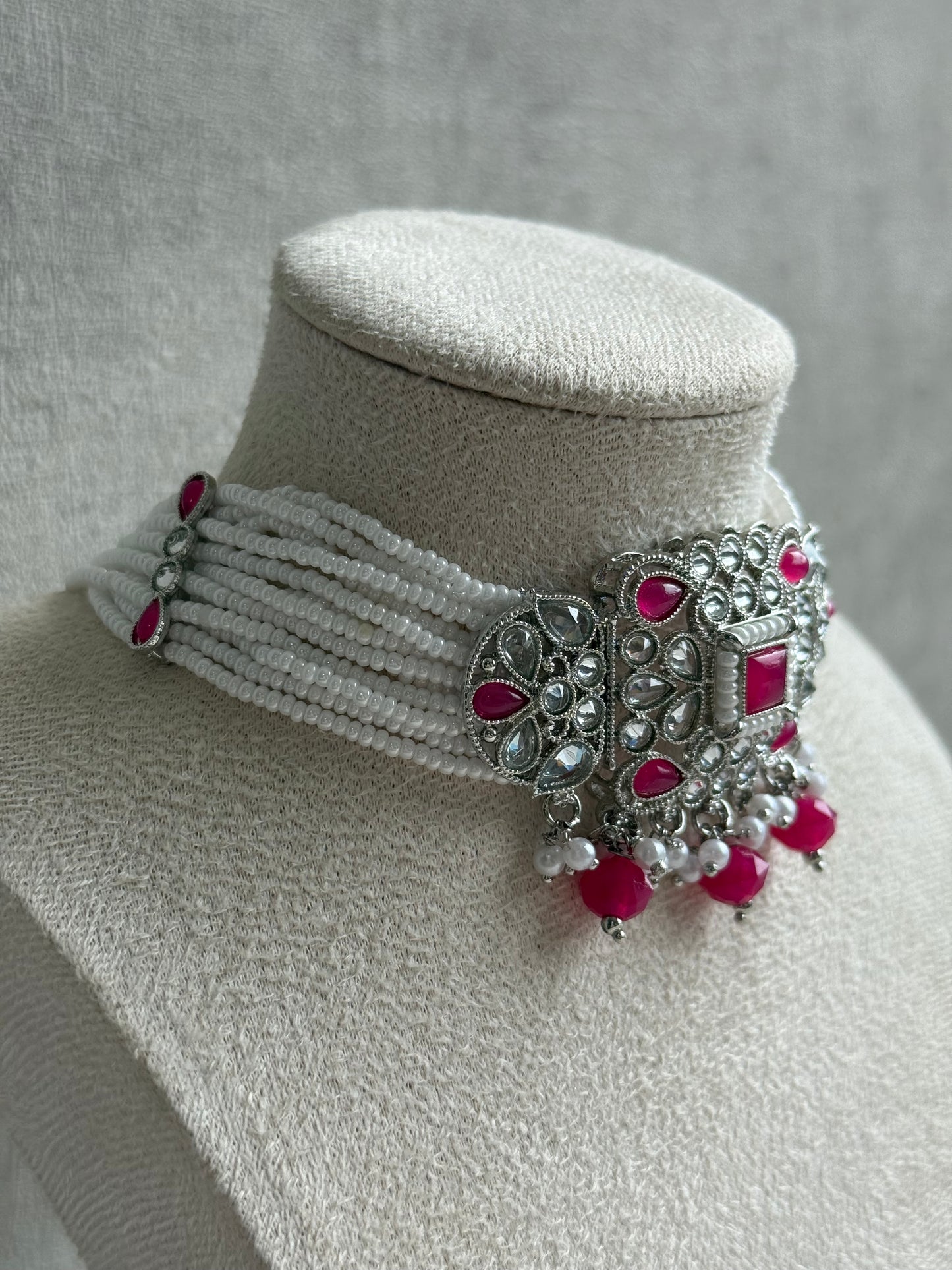Ayura Designs Geet Set – Choker, Earrings & Tikka with Fuchsia Stones, Pearls & Silver Finish