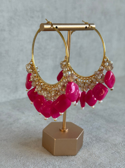Ayura Designs Heer Balis – Gold Hoops with Hot Pink Marble Beads, Pearls & Crystal Detailing