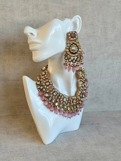 Ayura Designs Ishrat Set with Necklace, Earrings & Tikka – Kundan Detailing, Pearl Drops & Blush Pink Beads