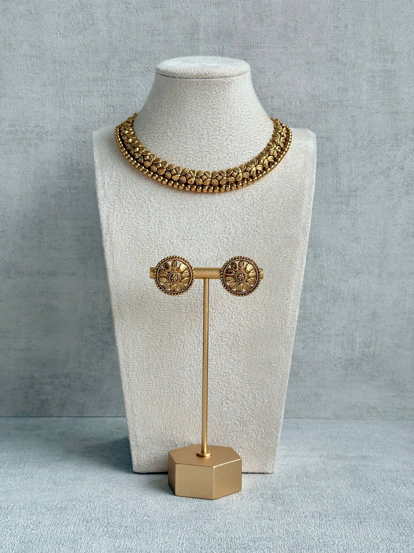 Ayura Designs Sathya Necklace Set with Stud Earrings – Antique Gold Temple Style with Textured Beadwork