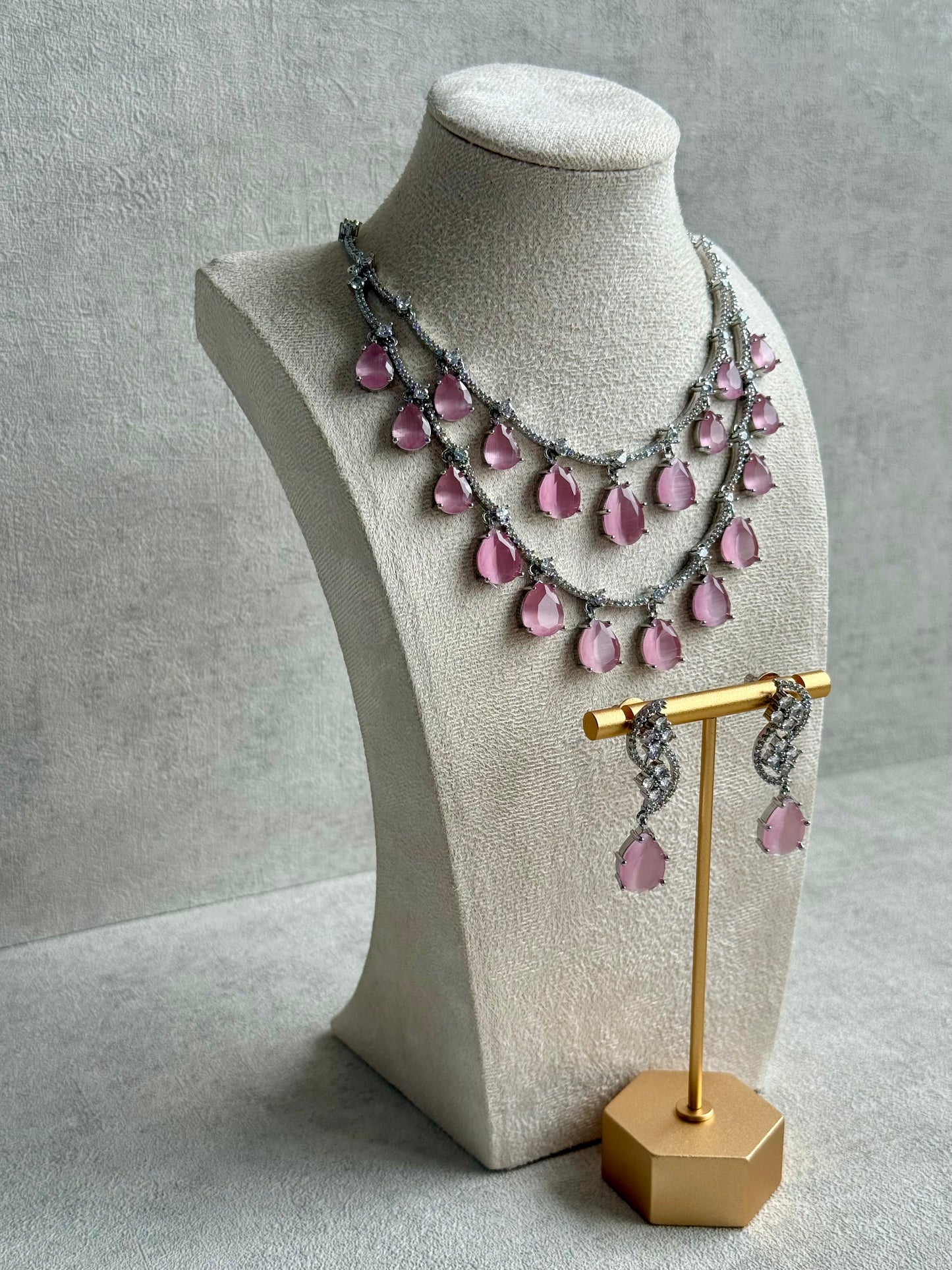 Ayura Designs Nida Set with Necklace & Earrings – Blush Pink Stones, Diamond-Cut Accents & Silver Finish