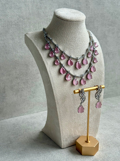 Ayura Designs Nida Set with Necklace & Earrings – Blush Pink Stones, Diamond-Cut Accents & Silver Finish