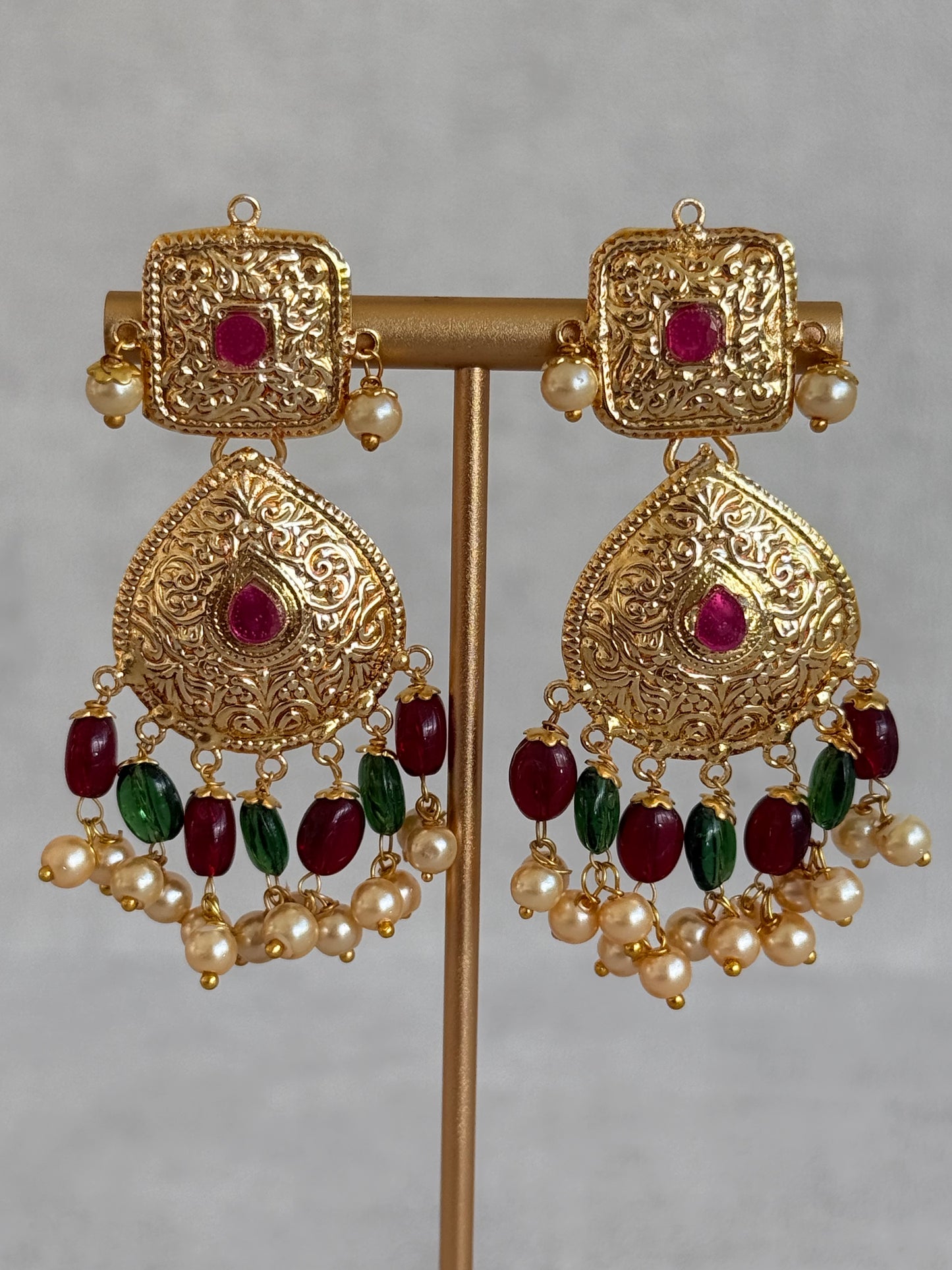 Ayura Designs Chetna Choker Set with Earrings & Tikka – Maroon & Emerald Green Beads, Cream Pearl Drops with Pipal Patti Detailing