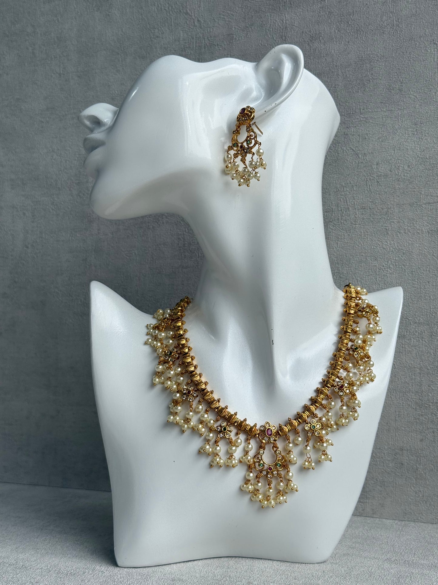 Ayura Designs Chaaya Set – Necklace & Earrings with Kundan Stones, Pink & Emerald Accents, and Pearl Detailing