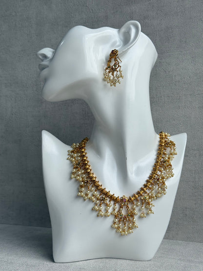 Ayura Designs Chaaya Set – Necklace & Earrings with Kundan Stones, Pink & Emerald Accents, and Pearl Detailing