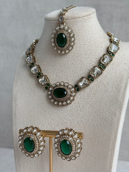 Ayura Designs Inza Necklace Set – Emerald Green Stones, Kundan & Crystals with Antique Gold Finish