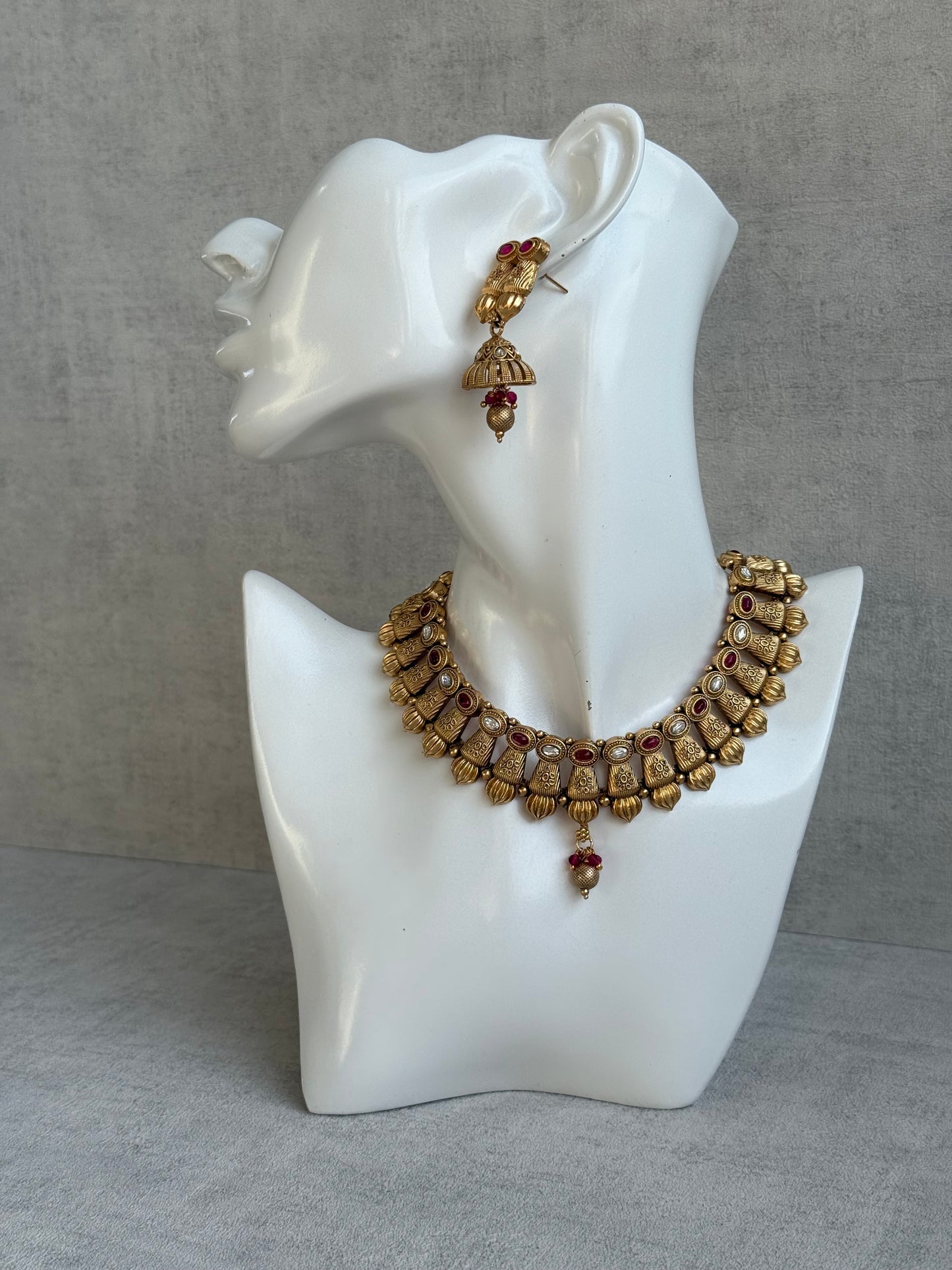 Ayura Designs Aima Necklace Set with Earrings – Antique Gold with Rani Pink Stones