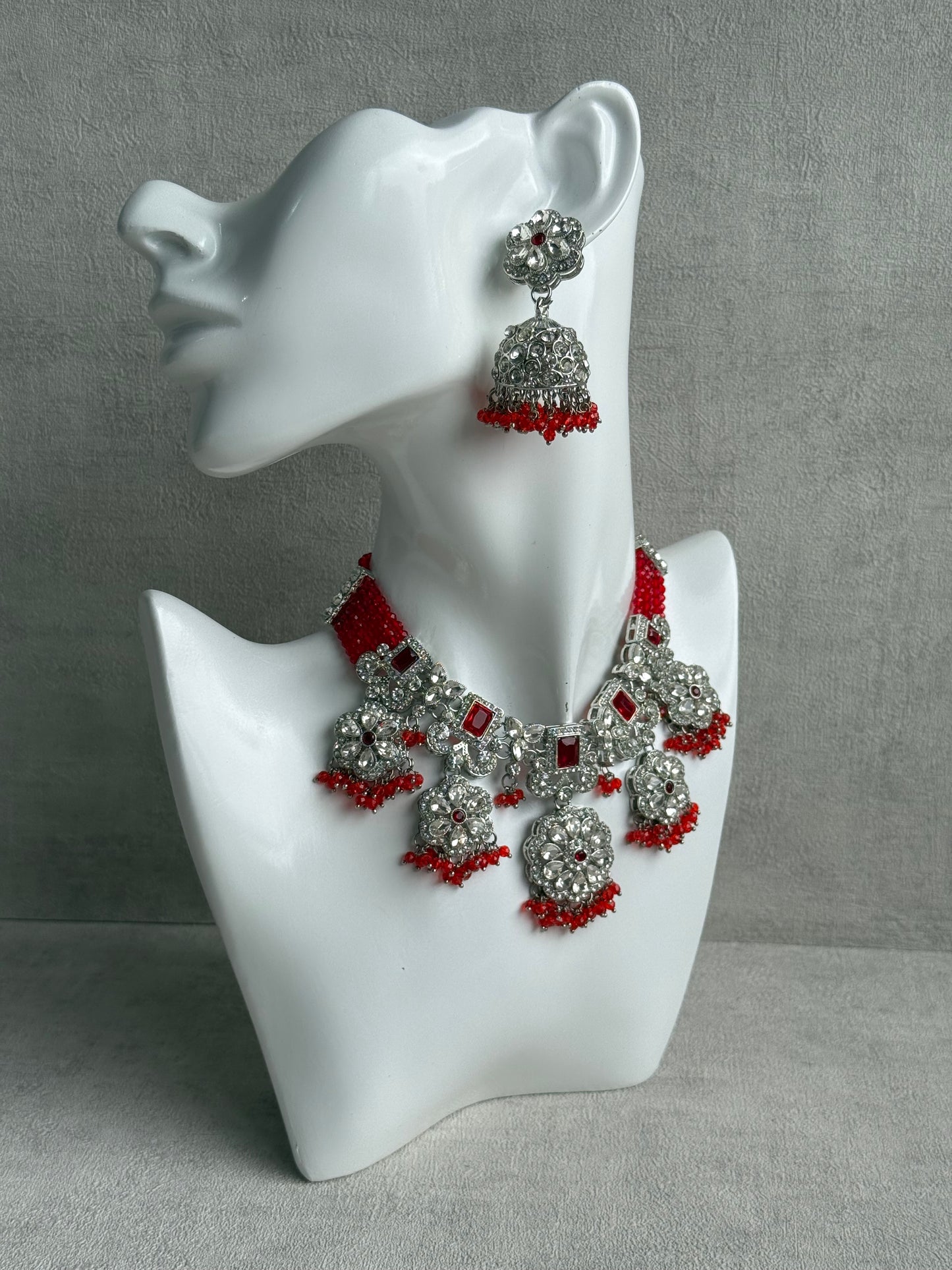 Ayura Designs Zarghuna Set with Jhumkis & Tikka – Orange Beads, Mirror-Cut Stones & Silver Finish