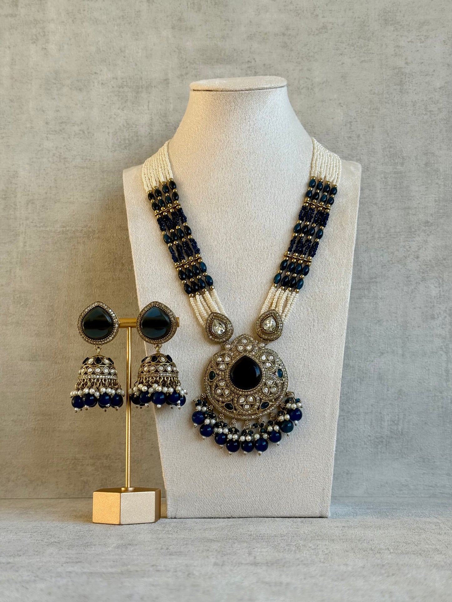Ayura Designs Brielle Set – Necklace & Jhumkis with Mirror-Cut Stones in Midnight Blue & Ivory