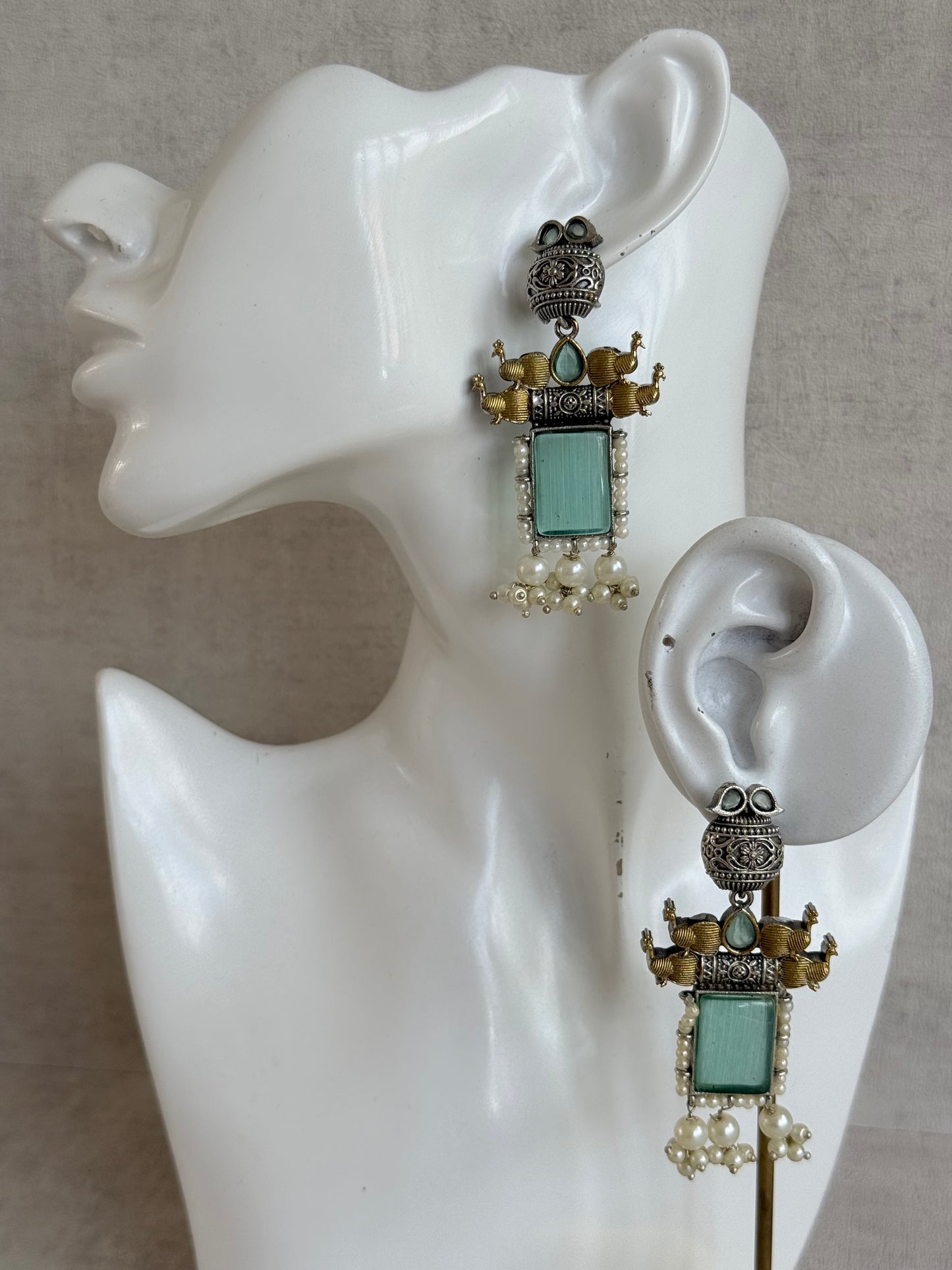 Ayura Designs Khaak Earrings – Oxidised Statement Earrings with Peacock Motifs, Aqua Green Stones & Pearl Clusters