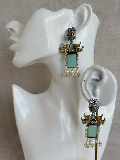 Ayura Designs Khaak Earrings – Oxidised Statement Earrings with Peacock Motifs, Aqua Green Stones & Pearl Clusters