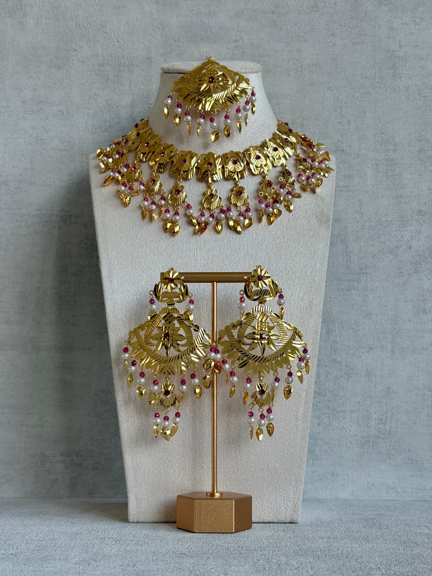 Ayura Designs Baisakhi Set with Earrings & Tikka – Gold Pipal Patti Design with Ruby Pink Beads & Pearl Detailing