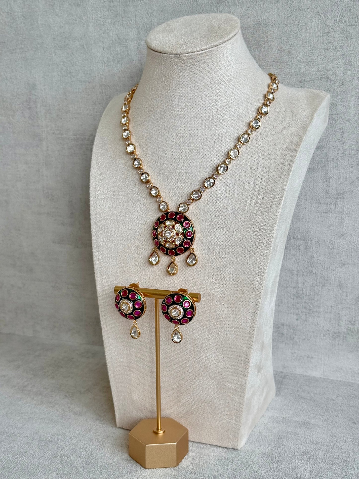 Ayura Designs Jiya Set with Earrings – Round Motif, Pink & Green Meenakari with Crystal Detailing