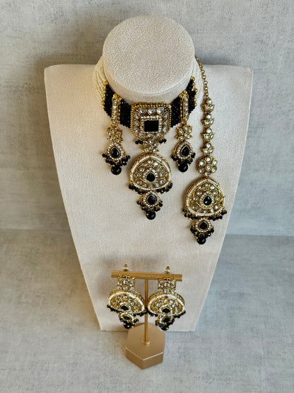 Ayura Designs Zarmeen Choker Set with Earrings & Tikka – Mirror-Cut Stones, Antique Gold Finish and Black Beads