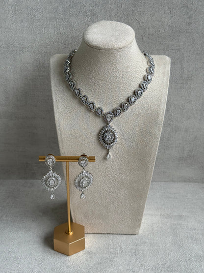 Ayura Designs Bella Set – Silver Necklace & Earrings with Teardrop Moissanite Stones & Radiant Halo Design