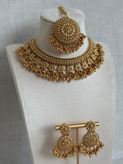 Ayura Designs Darya Necklace Set with Earrings & Tikka – Floral Antique Gold Statement Set with Ghungroo Detailing