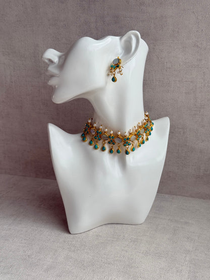 Ayura Designs Rehnuma Kundan Choker Set with Earrings & Turquoise Floral Detailing