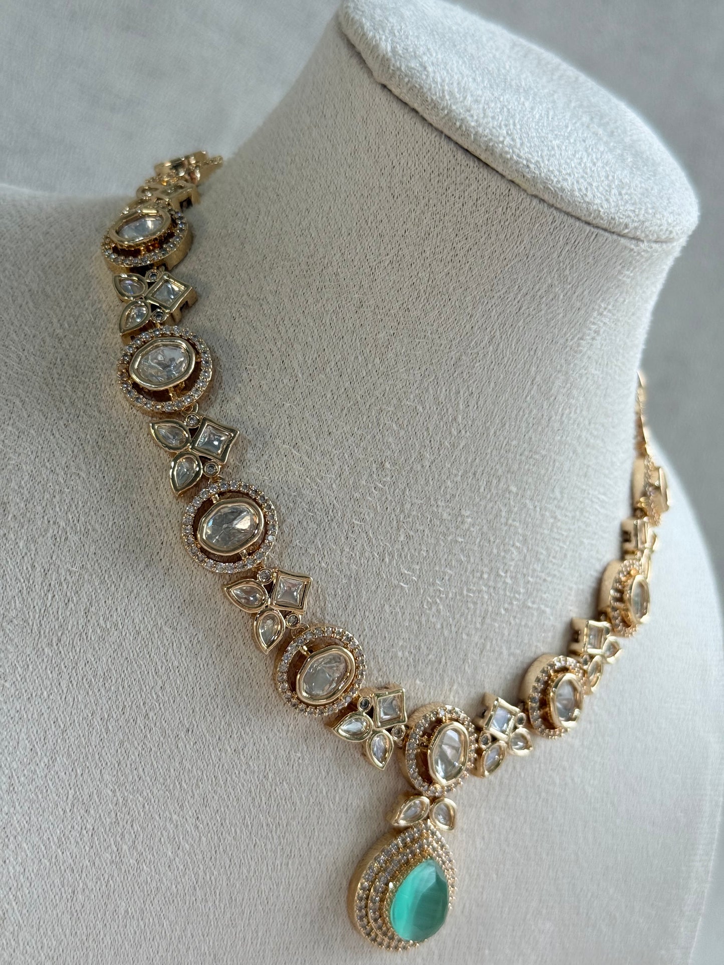 Ayura Designs Gazia Necklace Set with Earrings – Kundan, Mint Green Stones & Gold Finish