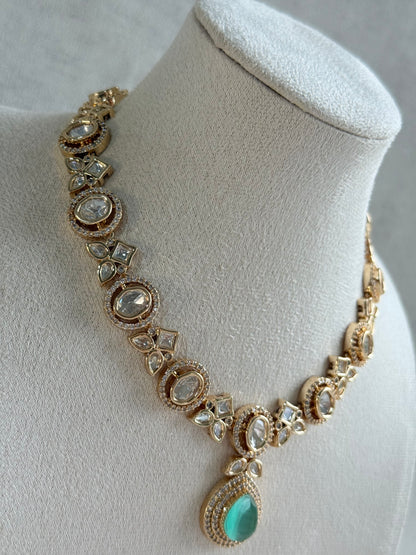 Ayura Designs Gazia Necklace Set with Earrings – Kundan, Mint Green Stones & Gold Finish