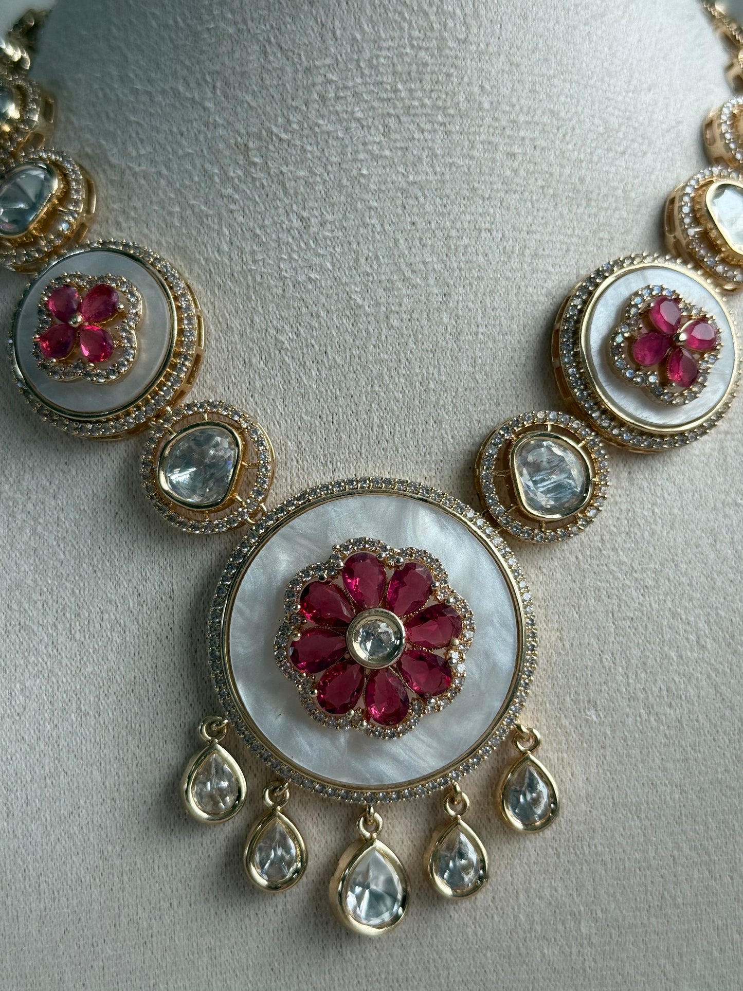 Ayura Designs Wisah Set – Necklace & Earrings with Mother of Pearl, Ruby Pink Stones & Mirror-Cut Detailing