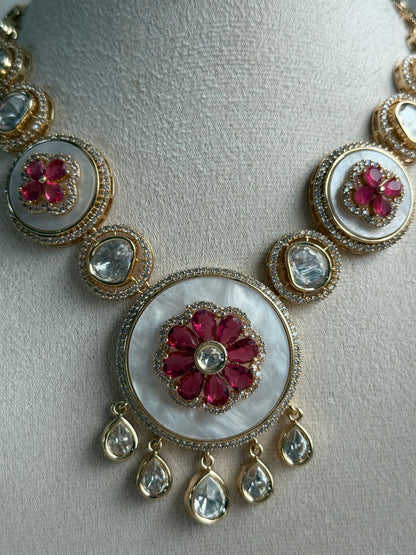 Ayura Designs Wisah Set – Necklace & Earrings with Mother of Pearl, Ruby Pink Stones & Mirror-Cut Detailing