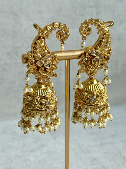 Ayura Designs Anika Jhumkis – Gold Half Ear Cuffs with Floral Motif, Kundan Crystals & Pearl Jhumka Drops